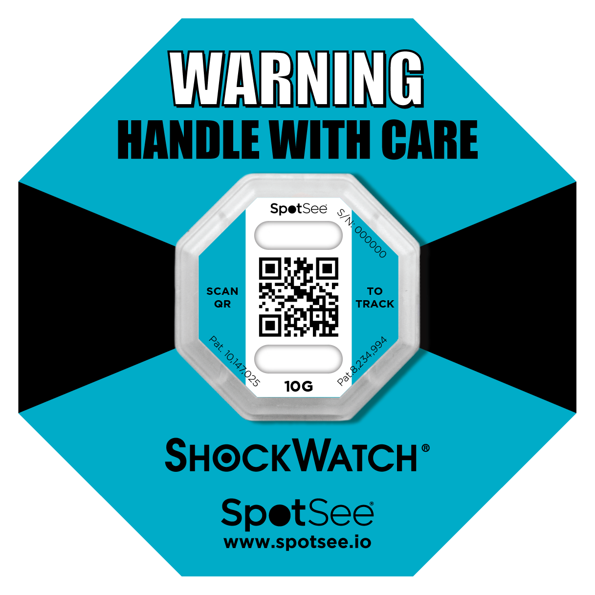 ShockWatch 2 QR z żółtą etykietą ostrzegawczą — przed aktywacją