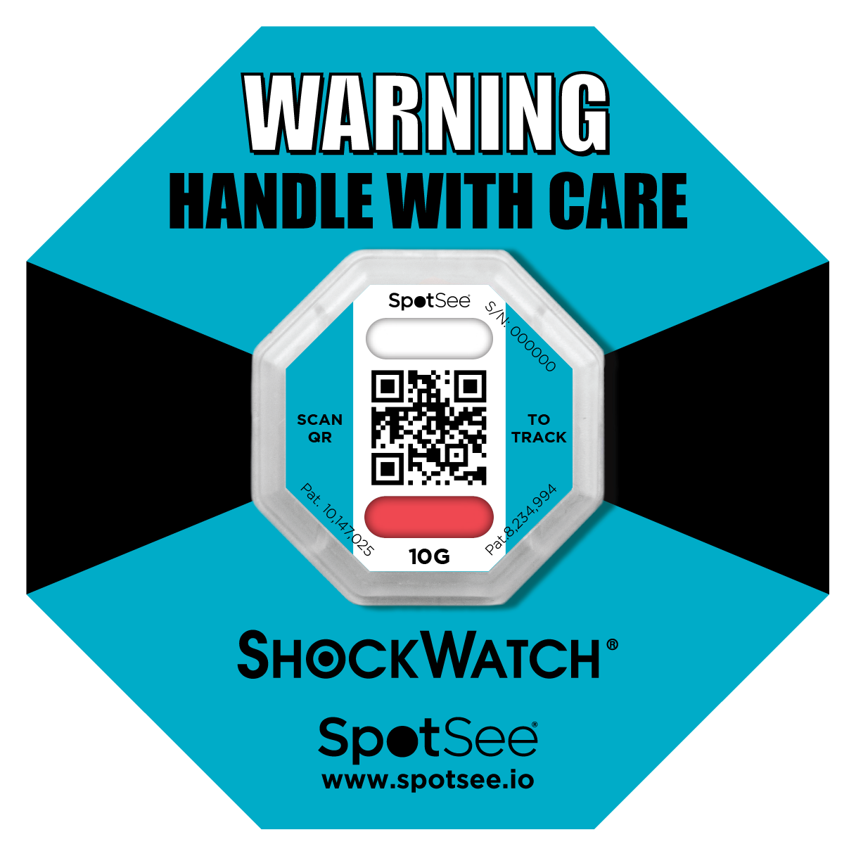 ShockWatch 2 QR z żółtą etykietą ostrzegawczą — po uderzeniu