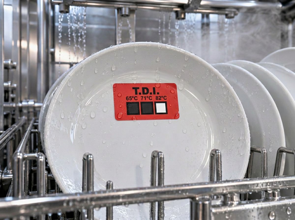 Czerwony trójpunktowy wskaźnik temperatury TDI 65, 71 i 82 stopnie Celsjusza na talerzu w zmywarce gastronomicznej